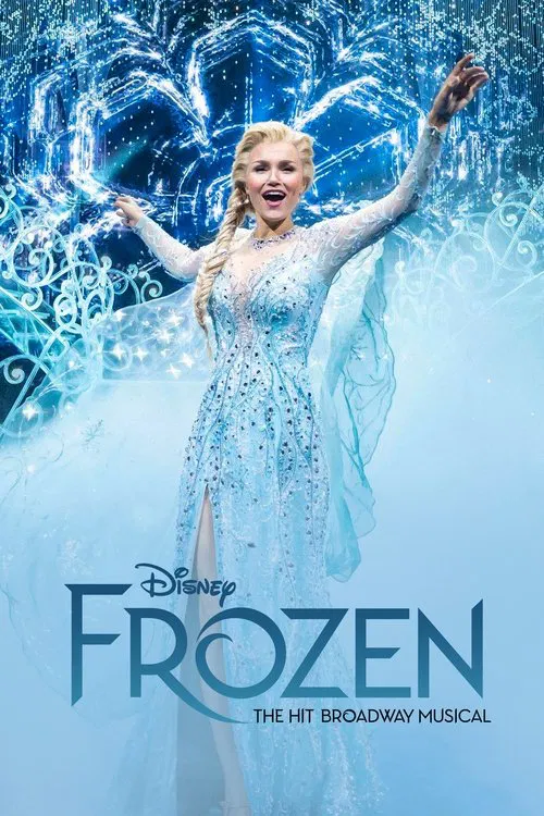 The poster features Elsa in a shimmering, icy blue gown with wings, exuding elegance against a backdrop of swirling, frozen magic. The vibrant blue and white color scheme evokes a magical, wintry atmosphere, while the Disney logo and title suggest a beloved musical story.