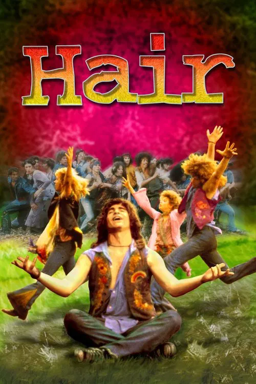 This vibrant movie poster features a central figure in a meditative pose surrounded by energetic dancers in colorful outfits, all set against a dynamic background of swirling reds and greens. The title "Hair" is prominently displayed at the top in bold, stylized letters. The overall mood is one o...
