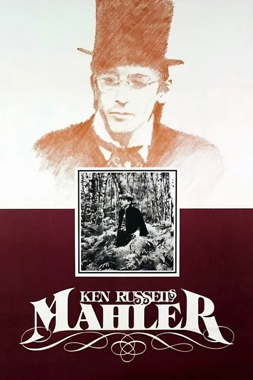 The poster features a sepia-toned portrait of a man in a top hat, evoking a mysterious and timeless atmosphere. Below, a black-and-white image of a lone figure in a forest adds depth, while the deep red background contrasts with the muted tones, creating a dramatic and emotional mood. The title "...