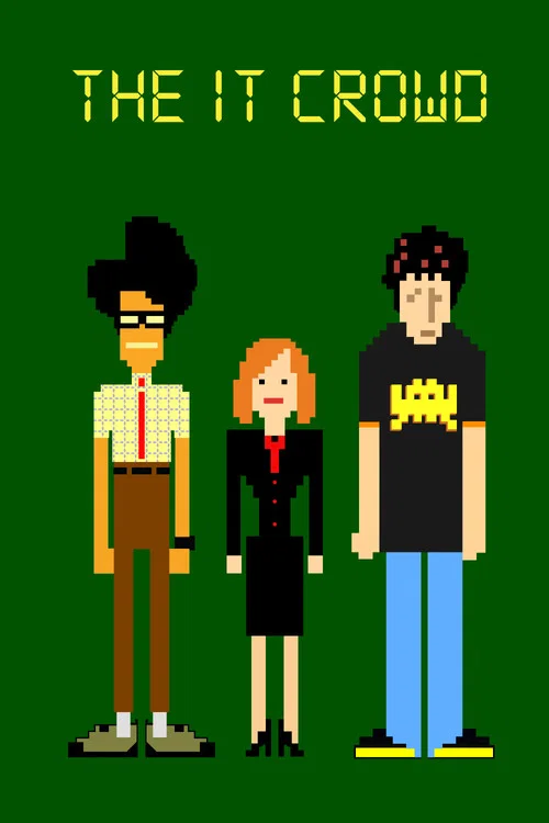 The poster features three pixelated characters against a warm, orange-toned background, evoking a nostalgic, retro-futuristic vibe. The characters stand in silhouette, suggesting mystery and intrigue, while the glowing text at the top hints at the show's sci-fi themes.