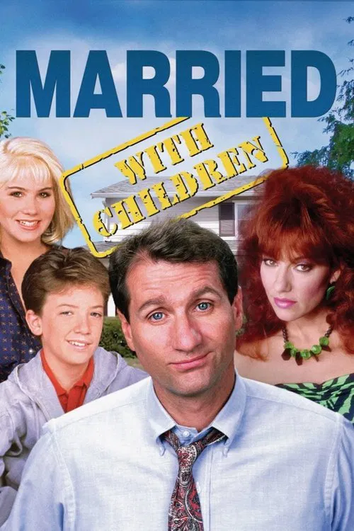 The poster features a cheerful family portrait with a man in a light blue shirt and tie, flanked by three women with vibrant red, blonde, and brunette hair. The background showcases a sunny outdoor scene with greenery and a clear blue sky. The overall mood is warm and inviting, capturing the esse...