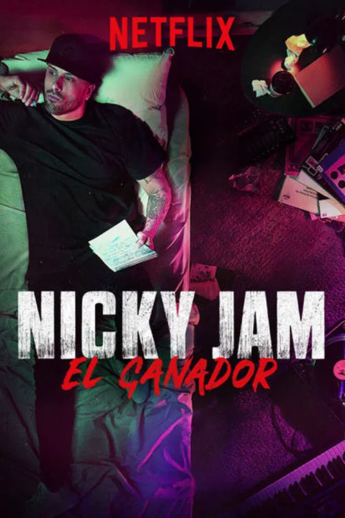 The poster features a gritty, urban scene with a man in a black hat and jacket holding a white paper against a dark, neon-lit background. The Netflix logo is prominently displayed at the top, and the title "NICKY JAM EL CANADOR" is boldly centered in white and red text. The overall mood is intens...