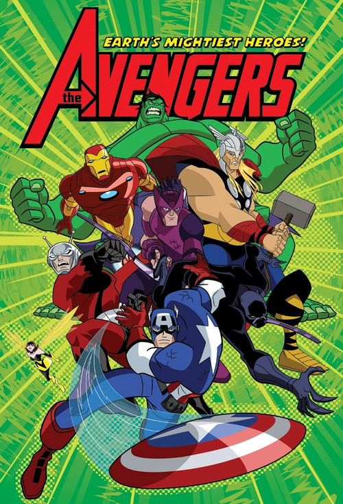 This vibrant comic book poster showcases the Avengers in dynamic action poses against a bold green background. Iron Man, Thor, Captain America, and others are depicted with their iconic colors and expressions of determination. The energetic composition conveys a sense of unity and readiness for a...