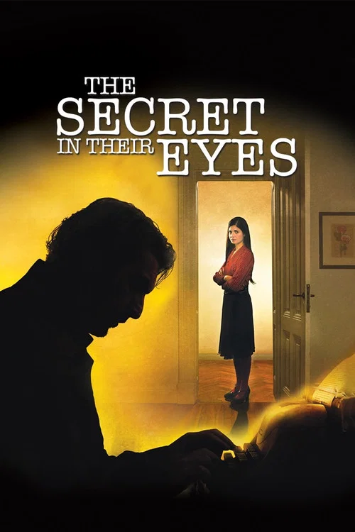 The poster features a silhouette of a man in the foreground against a warm, glowing yellow background, while a woman stands in a doorway, holding a book. The mood is mysterious and suspenseful, with the interplay of light and shadow enhancing the intrigue.