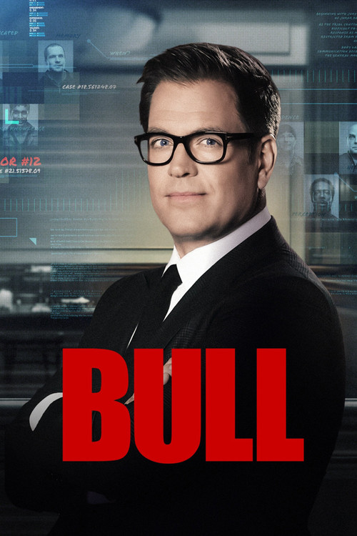 The poster features a man in a black suit and glasses, exuding confidence against a futuristic backdrop with holographic data displays. The bold red "BULL" text dominates the foreground, creating a striking contrast that hints at the show's intense and dramatic tone. The overall composition sugge...