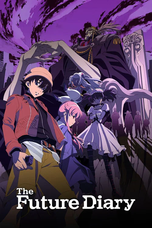 The poster features a young man in a purple jacket and helmet, standing confidently against a dark background. His reflection in the water below adds depth, while vibrant red and purple hues create a dramatic atmosphere. The title "The Future Diary" is prominently displayed, suggesting themes of ...