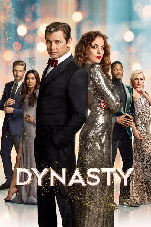 The poster features a glamorous scene with a man in a sharp suit and a woman in an elegant silver gown, standing confidently against a backdrop of twinkling lights. Other characters in formal attire are visible behind them, suggesting a high-stakes drama. The warm tones and sparkling effects evok...