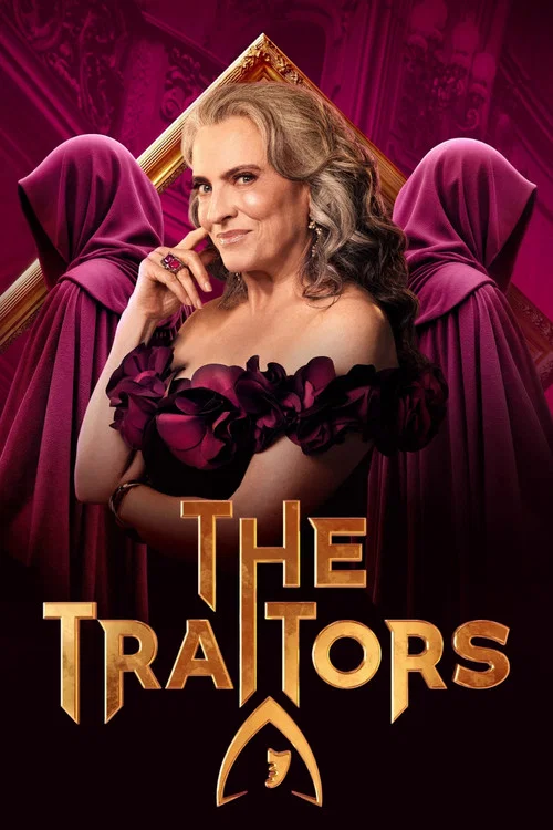 The poster features a man in a suit standing centrally, surrounded by six women in red hooded robes. The background shows a large, illuminated building at dusk, with warm lighting casting a dramatic glow. The overall mood is mysterious and suspenseful, hinting at a thriller or crime drama.