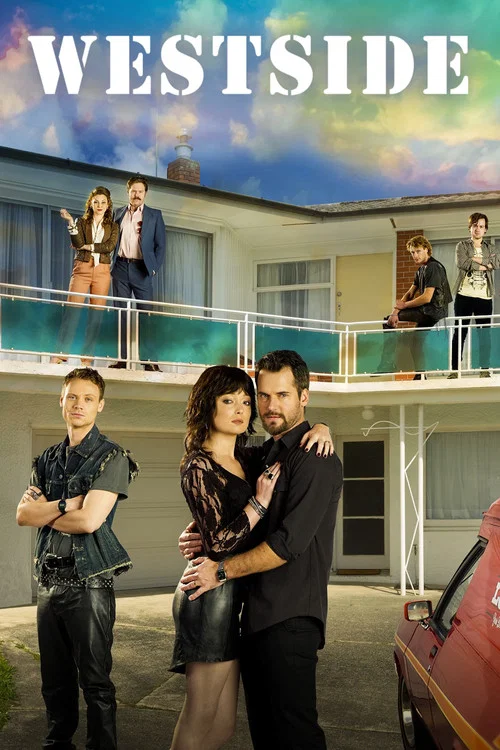 The poster features a vibrant scene with a group of characters standing on a two-story building under a bright blue sky. The warm tones of the building contrast with the cool blues of the sky, creating a dynamic and inviting atmosphere. The characters are dressed in casual, everyday clothing, sug...