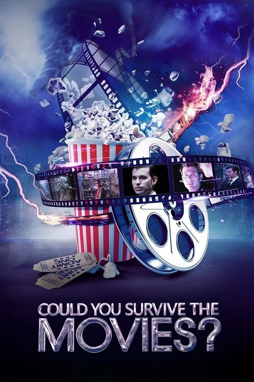 The poster features a dramatic scene with a popcorn bucket surrounded by film reels, lightning, and movie stars. The dark, stormy background with vibrant colors like purple, blue, and pink creates an intense and adventurous mood. The question at the bottom invites viewers to imagine themselves in...