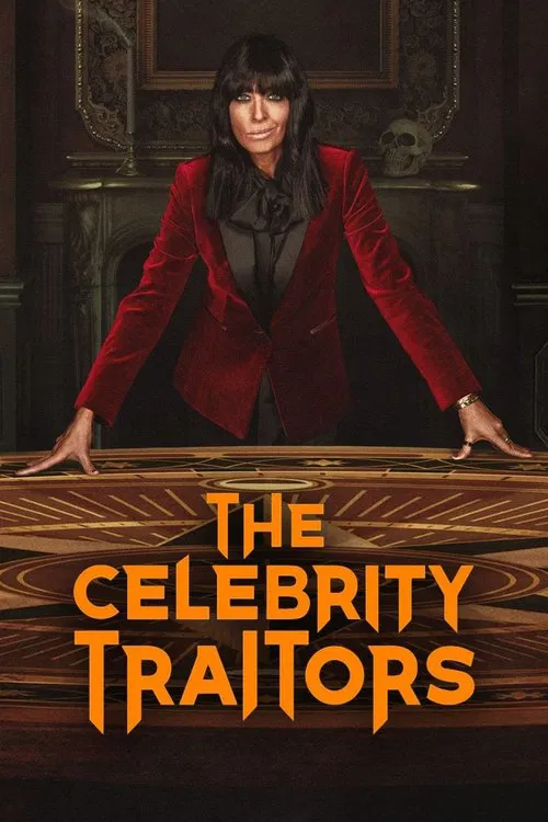 The poster features a woman in a red blazer leaning over a wooden table, her expression serious and contemplative. The warm lighting casts dramatic shadows, enhancing the mysterious and suspenseful mood. Bold orange text reads "THE CELEBRITY TRAITORS," emphasizing the show's theme of uncovering h...