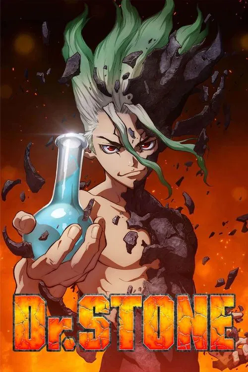 This vibrant anime poster features Dr. Stone in his iconic green outfit, surrounded by diverse characters in a sunny outdoor setting. The dynamic composition captures the adventurous spirit of the show, with rich colors and an energetic mood that invites viewers into the world of Dr. Stone.