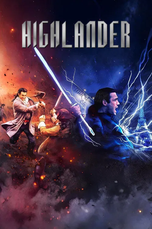 The poster features a dramatic scene with three characters engaged in combat under a stormy sky. The fiery red and blue hues create an intense atmosphere, while the title "Highlander" is prominently displayed at the top.
