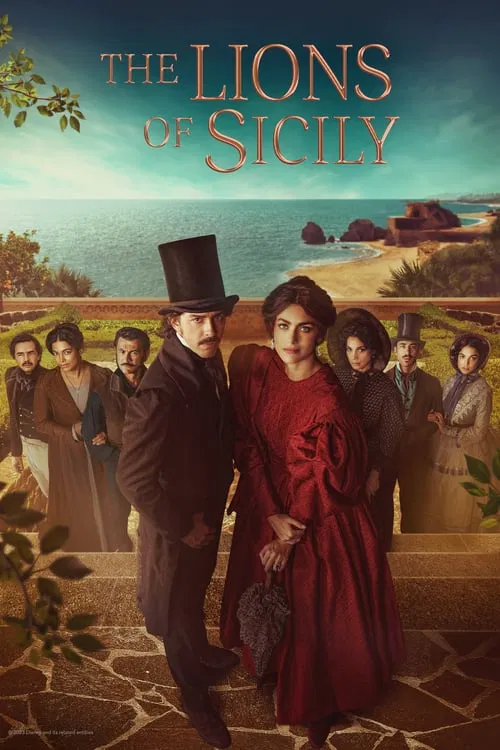The poster features a dramatic scene with a man in a top hat and woman in red dress walking together, surrounded by other characters in period attire. The warm, golden hues of the sunset evoke a romantic and adventurous mood, capturing the essence of the show's historical setting.