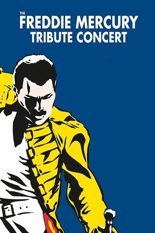 This vibrant tribute poster features Freddie Mercury in his iconic yellow and white suit against a deep blue background. The bold typography and dynamic composition evoke a sense of nostalgia and celebration for his legendary career.
