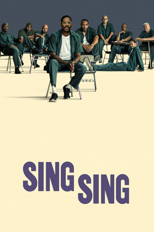 The poster features a group of men in matching teal suits seated in a row, exuding a sense of camaraderie and purpose. The muted tones of the suits contrast with the warm beige background, creating a visually striking composition. The bold, purple text "SING SING" anchors the image, suggesting th...