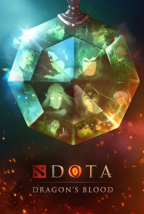 The poster features a central crystal-like gemstone filled with animated characters from the game, set against a dramatic, fiery background. The vibrant colors and dynamic composition evoke a sense of action and adventure, capturing the essence of the game's intense gameplay and epic storytelling.