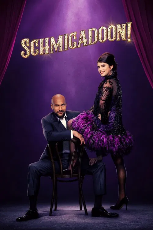 This TV show poster for "Schmigadoon!" features a glamorous black woman in a purple dress and a man in a suit sitting on a chair, both exuding elegance against a dramatic purple backdrop. The poster's bold, golden title and theatrical lighting create an exciting, high-energy atmosphere.