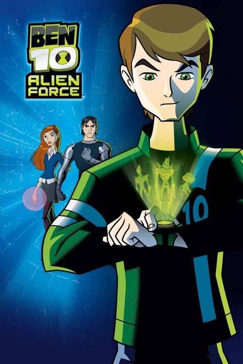 The poster features Ben Tennyson in his iconic green and black suit, with a determined expression. The background is filled with animated alien figures in blue and purple hues, suggesting an action-packed adventure. The vibrant colors and dynamic composition convey excitement and adventure, captu...
