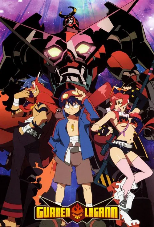 This poster showcases the vibrant and dynamic art style of "Gurren Lagann," featuring a group of animated characters in colorful outfits against a dramatic, space-themed background. The mood is energetic and adventurous, capturing the essence of the show's lively and humorous tone.