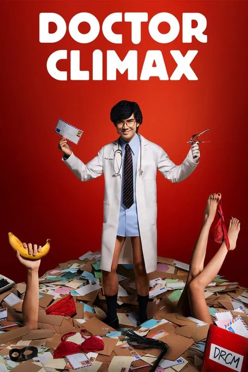 The poster features a man in a white coat surrounded by chaotic elements like bananas, money, and a banana peel, set against a vibrant red background. The mood is humorous and chaotic, capturing the essence of a comedic medical drama.