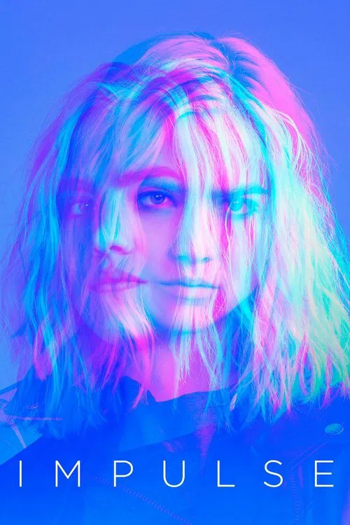 The poster features a striking, glitch-art portrait of a person with vibrant, neon-colored hair against a deep blue background. The mood is electric and futuristic, capturing the essence of a high-energy, sci-fi drama. The bold text "IMPULSE" anchors the image, emphasizing the show's intense and ...