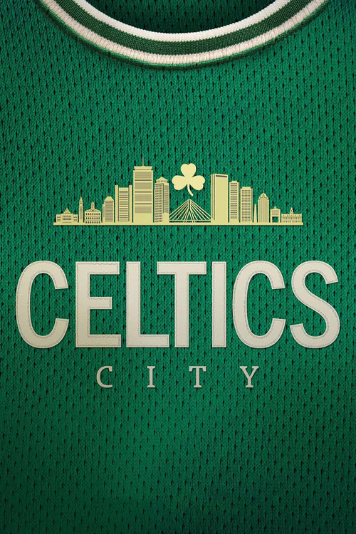 This sports team poster features a vibrant green jersey with the iconic Celtics skyline and a clover emblem. The bold white text "CELTICS CITY" stands out against the textured fabric, evoking a sense of pride and nostalgia for fans of the Boston Celtics.