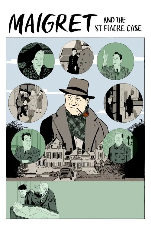 This poster features a central figure in a hat and coat against a backdrop of a Parisian scene, surrounded by circular portraits of characters in muted tones. The muted color palette and sepia-like filters evoke a noir atmosphere, suggesting mystery and intrigue.