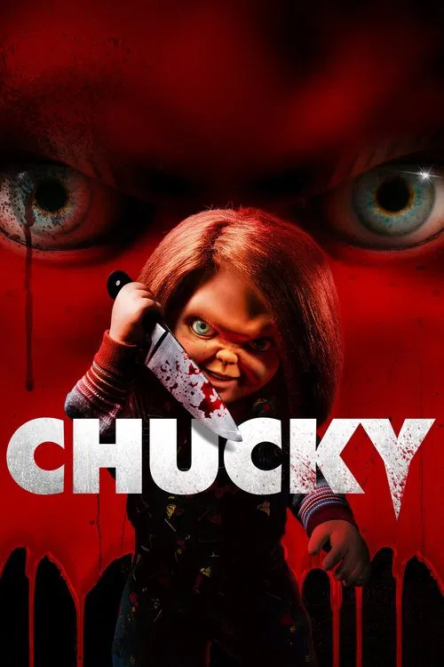 A menacing doll with red hair and a knife stands against a red background, exuding a chilling horror vibe. The poster features bold white lettering spelling "CHUCKY" across the center, emphasizing the character's menacing presence.
