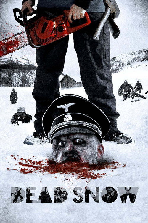 The poster features a menacing figure in a Nazi uniform lying in the snow, surrounded by blood-splattered figures in the background. The stark white snow contrasts with the red blood and the ominous red chainsaw, creating a chilling atmosphere. The title "Dead Snow" is prominently displayed at th...