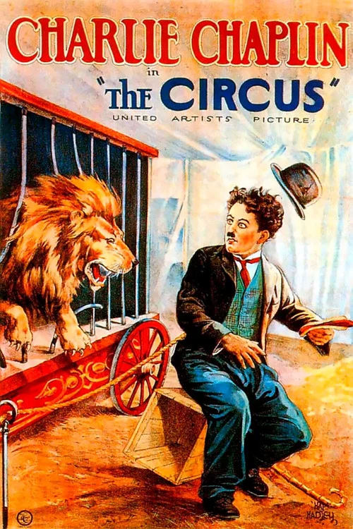 This vintage circus poster features a man in a suit and bowler hat sitting on a box, looking at a lion in a red wagon. The warm, earthy tones and playful expression convey a lively, nostalgic atmosphere.