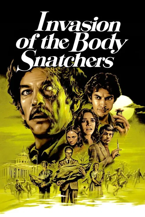 The poster features a dramatic scene with a man in the foreground, surrounded by a group of children and adults. The color palette is dominated by yellow and green tones, creating a surreal and eerie atmosphere. The mood is mysterious and suspenseful, hinting at the film's themes of invasion and ...
