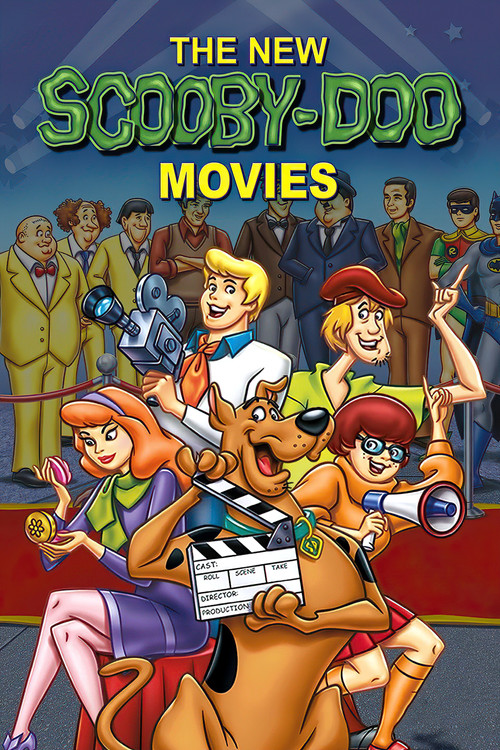 The vibrant poster features Scooby-Doo and Shaggy riding a horse, with characters in colorful costumes cheering enthusiastically. The lively scene is set against a backdrop of a crowd in period attire, creating a nostalgic and fun atmosphere.