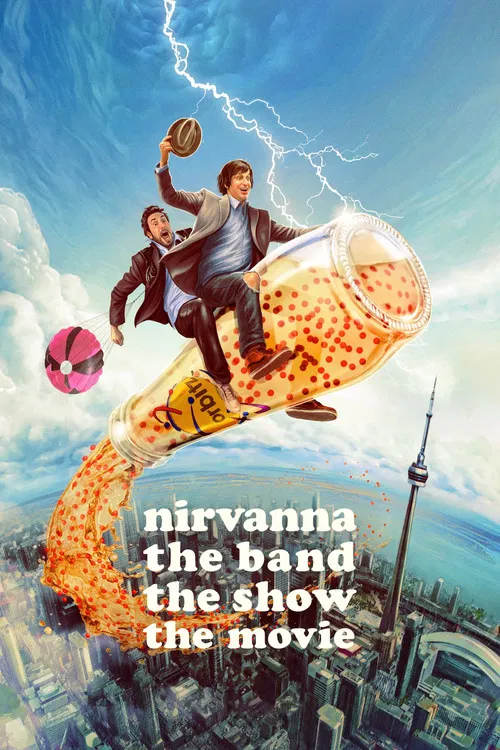 The poster features a dynamic scene with two characters riding a giant, colorful, spotted snake-like creature against a bright blue sky. Lightning strikes from above, adding energy and excitement. The vibrant colors and action-packed imagery convey a lively, adventurous mood.