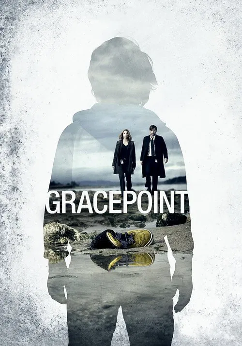 The poster features a silhouette of a person standing on a beach, with two figures in dark suits behind them. The background is a cloudy sky, and the foreground shows a reflection of the scene on the water. The muted colors and somber mood convey a sense of mystery and drama.