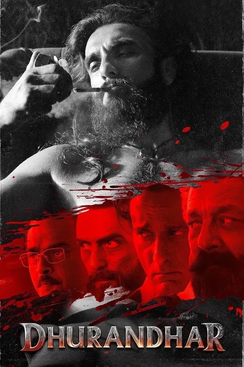 The poster features a dramatic, gritty scene with a bearded man in a dark, moody setting. Red and black tones dominate, creating an intense, suspenseful atmosphere. Four faces are superimposed over the image, suggesting a narrative involving multiple characters. The title "Dhurandhar" is prominen...