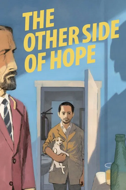 The poster features a man in a red suit on the left, while a man in a brown jacket holding a small dog stands in an open doorway. The muted colors and simple composition evoke a sense of quiet hope and everyday life.