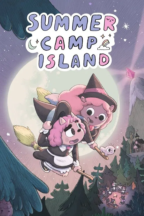 The poster features two animated characters, a girl in a witch's hat and a boy in a cowboy hat, flying together on a broomstick against a bright moonlit sky. The scene is filled with vibrant colors like purples, pinks, and blues, creating a magical and whimsical atmosphere. The title "Summer Camp...