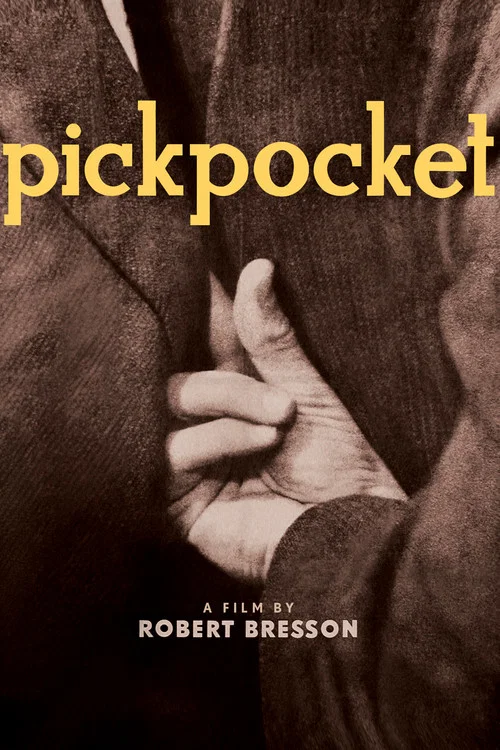 This movie poster features two men in a dramatic, sketchy style with muted tones. The man on the left looks concerned, while the man on the right appears more serious and intense. The mood is suspenseful and mysterious, hinting at a thriller or crime drama. The text "pickpocket" is prominently di...