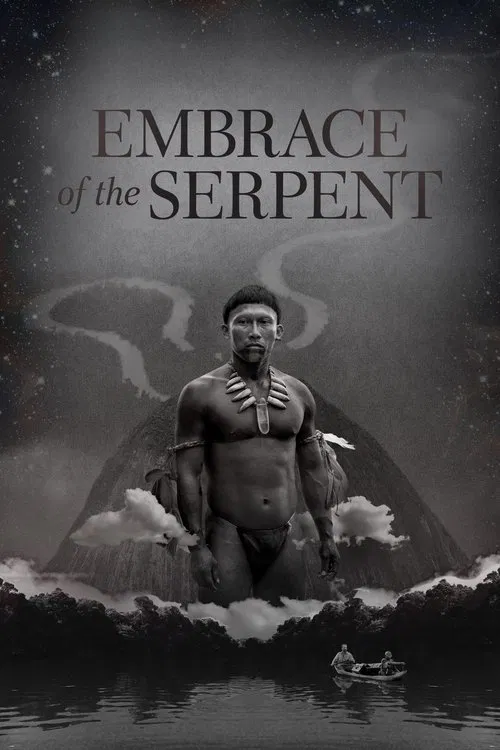 The poster features a muscular man standing amidst swirling clouds and water, with a mysterious serpent coiled in the background. The dark, moody atmosphere combined with the earthy tones creates a mysterious and intense mood.
