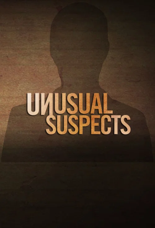 The poster features a dark silhouette of a person against a warm, textured background. The title "UNUSUAL SUSPECTS" is prominently displayed in bold, golden letters, evoking mystery and intrigue. The overall mood is suspenseful and mysterious, hinting at a crime drama or thriller.