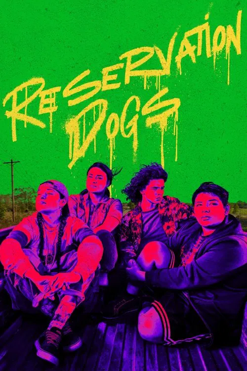 The poster features four characters in a vibrant, surreal scene set against a green background. The mood is playful and whimsical, with each character exuding a unique personality. The colors are saturated and dynamic, creating an engaging visual experience.