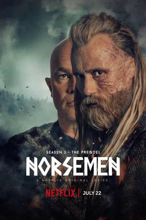 The poster features two warriors in medieval armor, one with a beard and the other with blonde hair, holding swords. The background is dark and stormy, with a castle silhouette in the distance. The title "NORSEMEN" is prominently displayed at the bottom in bold white letters. The overall mood is ...