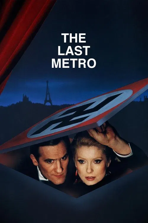 The poster features a rich red curtain backdrop, with the title "THE LAST METRO" displayed in white lettering made of small dots, evoking a sense of mystery and intrigue.