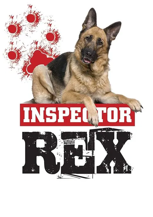 This TV show poster features a German Shepherd with a serious expression, set against a stark white background. The title "Inspector Rex" is prominently displayed in bold, distressed red and black lettering, evoking a gritty, investigative atmosphere. Blood splatters add a dramatic, mysterious to...
