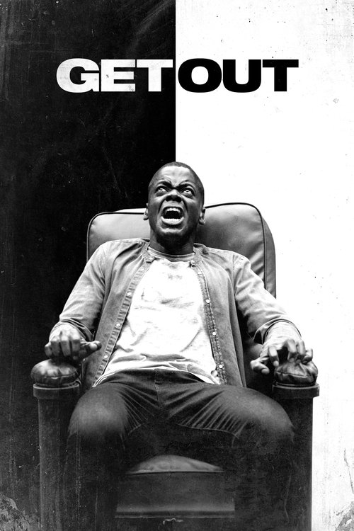 The poster features a man in a dark chair against a stark black-and-white background, with the bold "GET OUT" text at the top. The mood is tense and mysterious, capturing the film's gritty and suspenseful atmosphere.