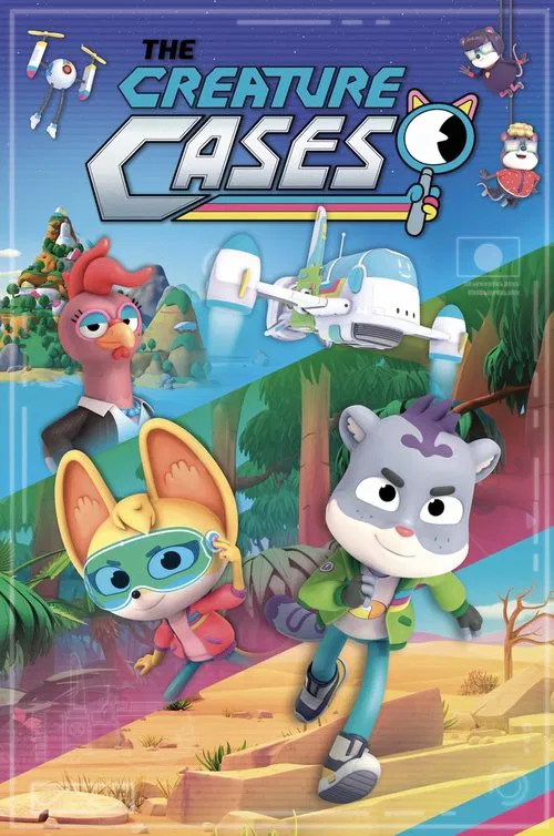 The Creature Cases poster features vibrant jungle-themed characters in playful poses against a colorful backdrop. The characters exude a lively, adventurous mood with bright greens, purples, and oranges. The title is prominently displayed in bold, eye-catching lettering.