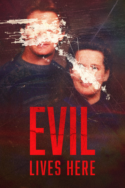 The poster depicts a mysterious figure in a hooded cloak walking down a dimly lit hallway, evoking a sense of dread and mystery. The warm yellow and orange hues create an eerie atmosphere, while the bold, white text "EVIL LIVES HERE" reinforces the ominous theme.