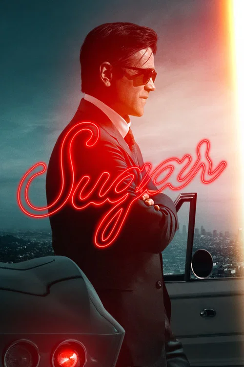 The poster features a man in sunglasses and a suit, holding a car horn, with a warm sunset background. The title "Sugar" is elegantly written in red script. The mood is mysterious and intriguing.