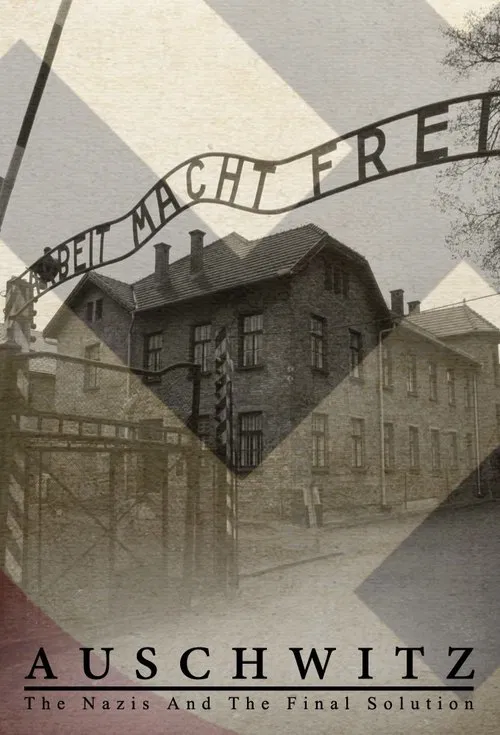 The poster features a sepia-toned image of a grim, dilapidated building with a prominent "FLECHT FREI" sign. Overlaid on the image are faint, ghostly figures of people, suggesting a haunting atmosphere. The muted colors evoke a somber, historical mood, while the stark text "AUSCHWITZ" and the sub...